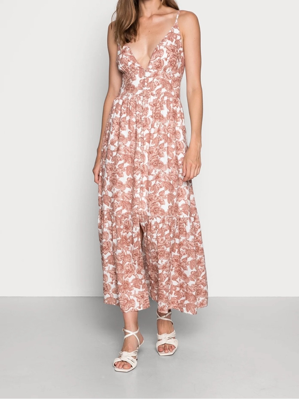 Abercrombie Button Front Patterned Midi / Maxi Dress in Peach / White - L Petite